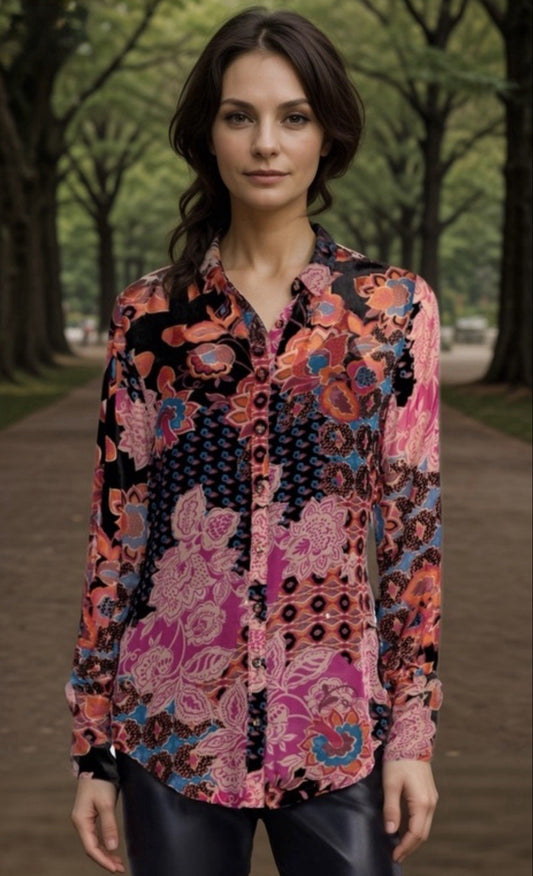 Johnny Was PXXL Petite Burnout Velvet Blouse Pink & Red Button Up Tunic Top Johnny Was