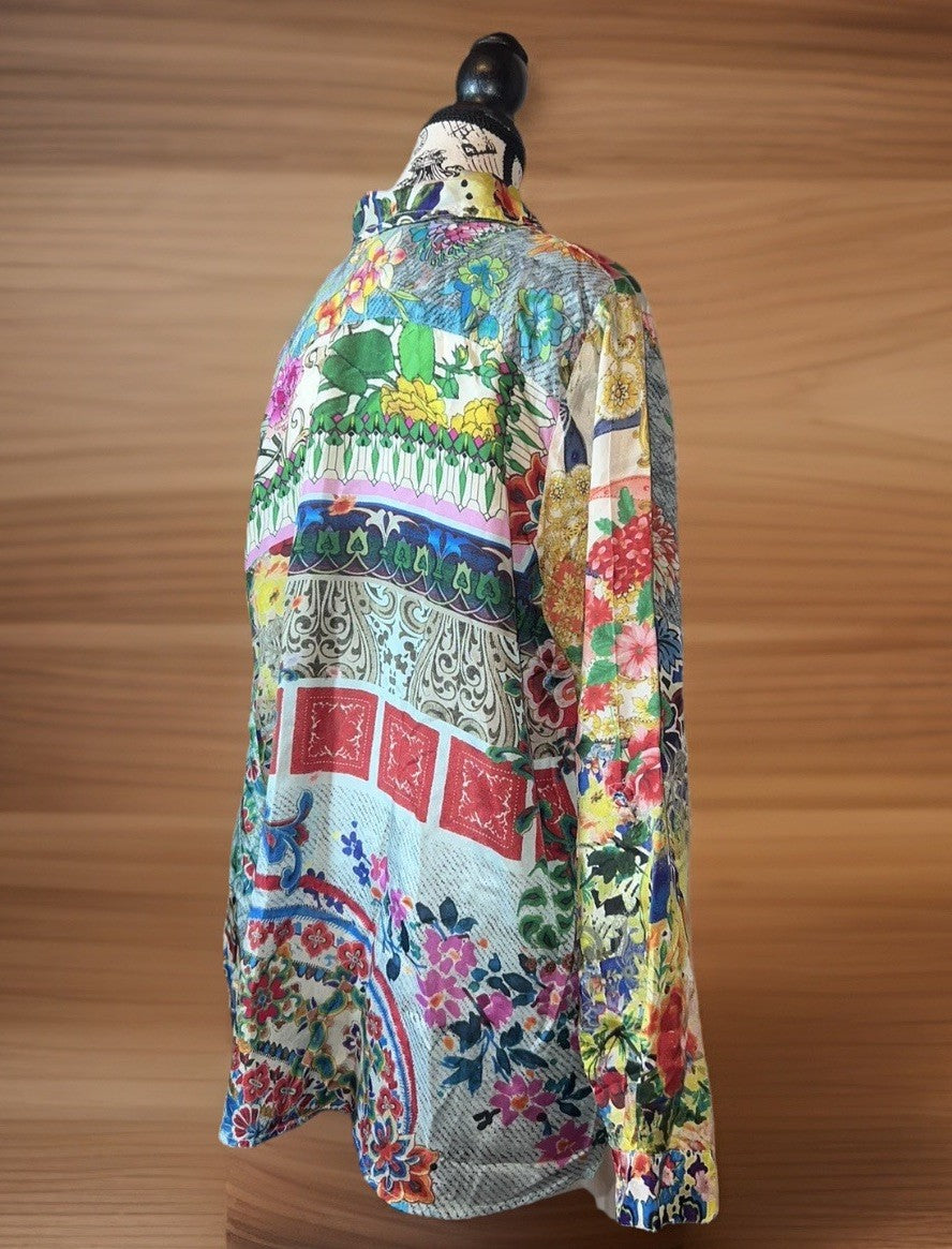 Johnny Was XL 100% Silk Button Up Blouse Long Sleeve Tunic Top Shirt Lightweight Johnny Was