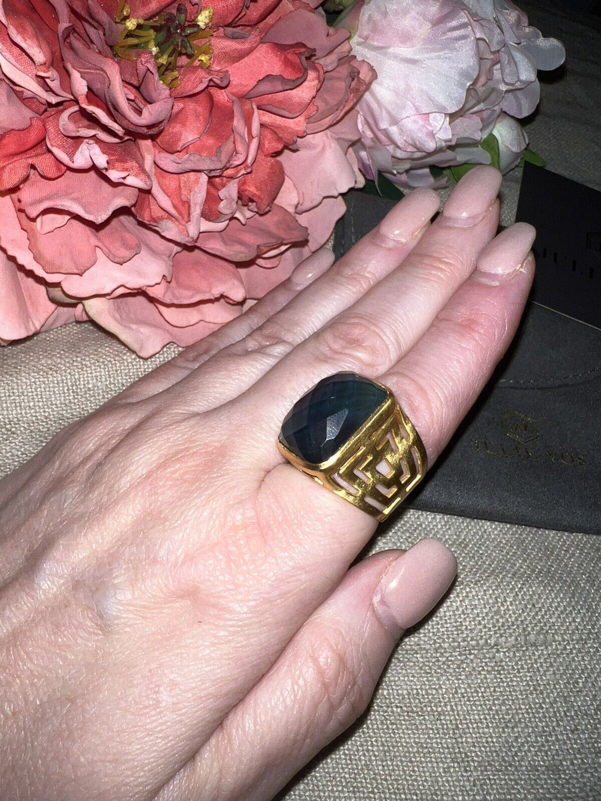 Julie Vos Iridescent Blue Statement Ring Sz 8 ADJUSTABLE 24k Gold Plate