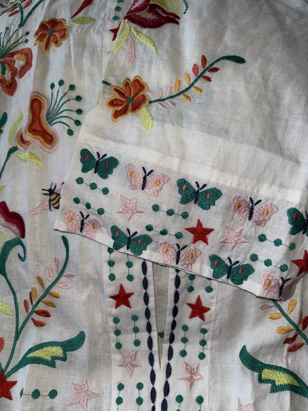 Johnny Was 2X White Linen Kimono Colorful Embroidery Top BOHO Wrap Jacket Johnny Was