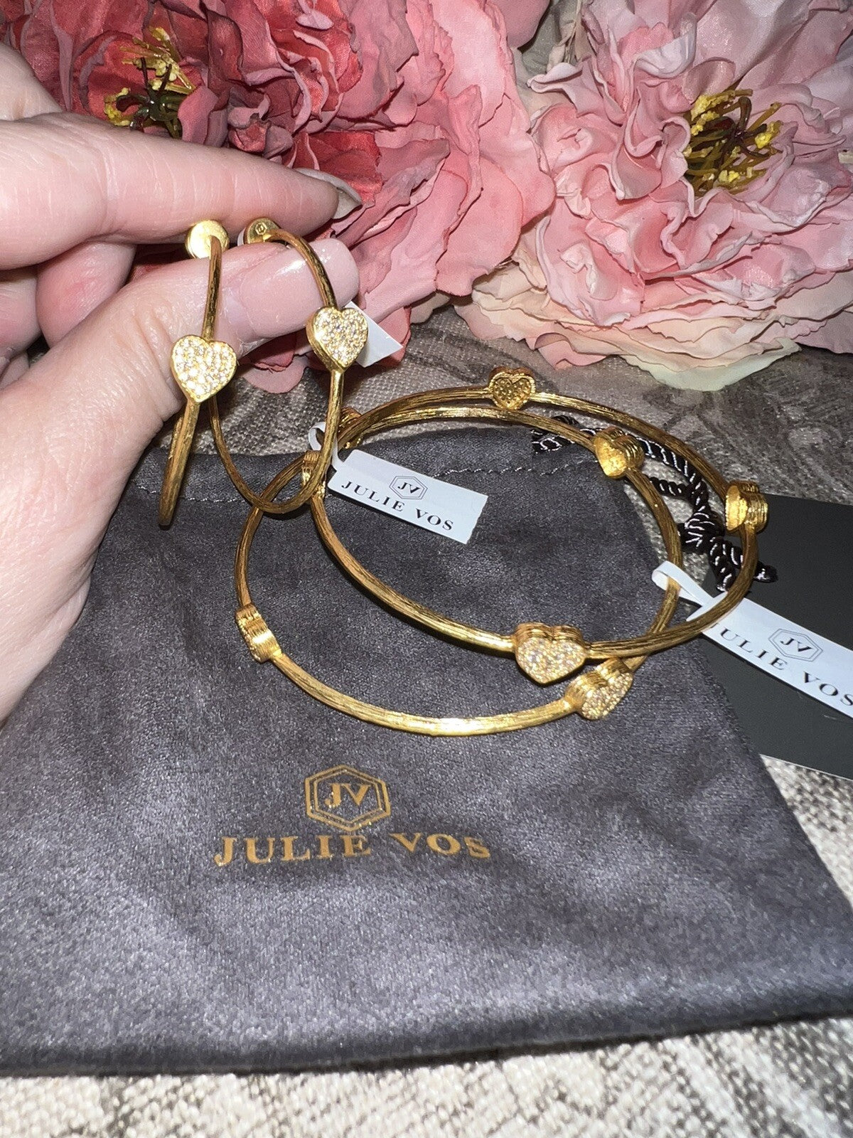 Julie Vos Clear CZ Four Station Pave Heart Bangle Bracelet 24k Plated Julie Vos