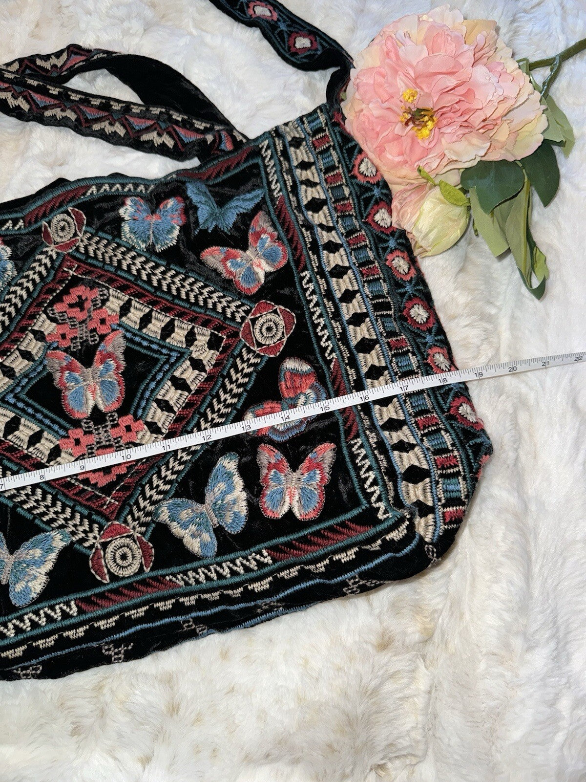 Johnny Was Large Black Velvet Hobo Bag Tote Purse Embroidered Crossbody Johnny Was