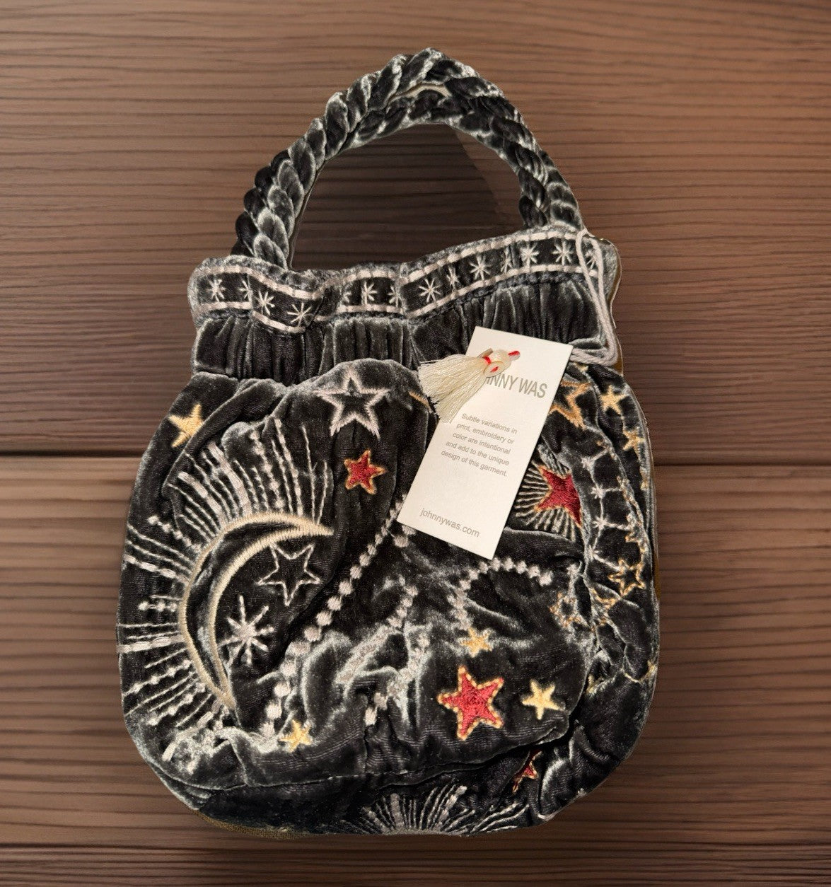 Johnny Was Grey Velvet Hobo Bucket Bag Tote Purse Embroidered Celestial Johnny Was
