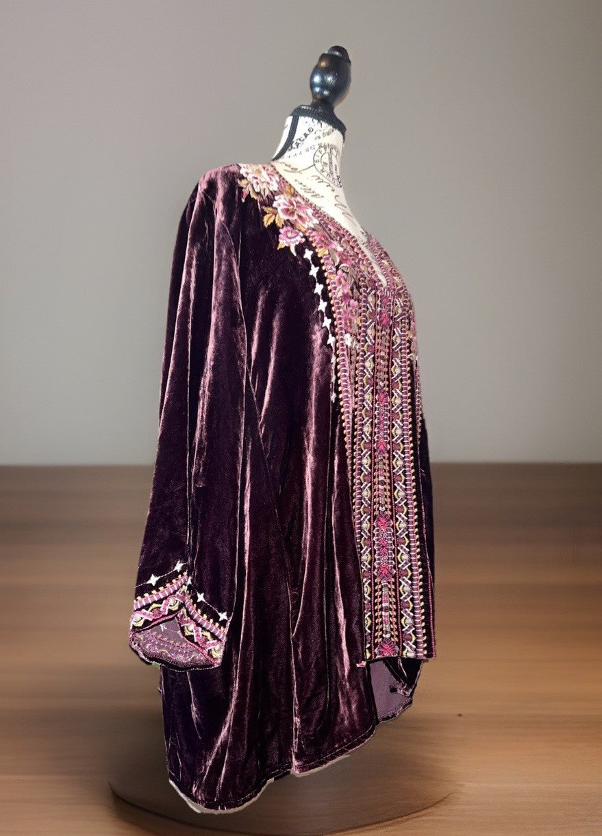 Johnny Was XL Wine Velvet Peasant Blouse Embroidered Tunic Top Kimono Sleeve Johnny Was