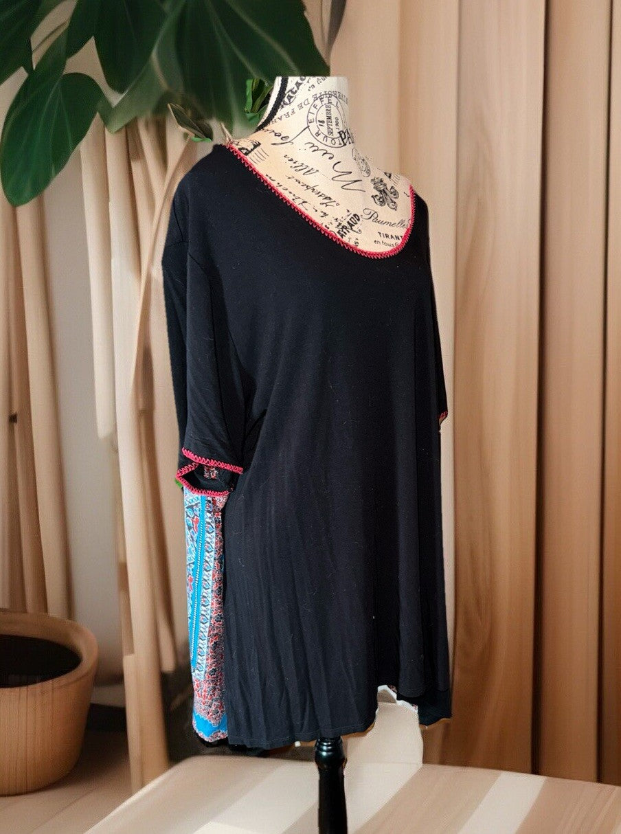 Johnny Was 3x Black Tee Shirt Blue & Red Silk Panel Back Tunic Top Tshirt BOHO Johnny Was