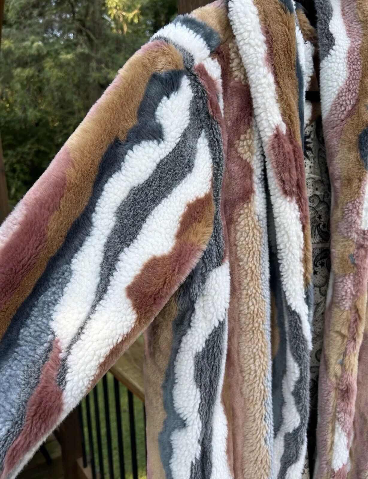 Johnny Was Large Faux Fur Coat Jacket Multi Color Wrap Silk Lined BOHO