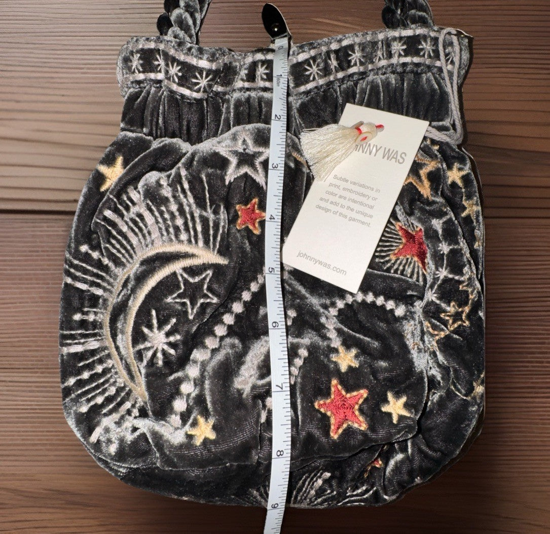 Johnny Was Grey Velvet Hobo Bucket Bag Tote Purse Embroidered Celestial Johnny Was