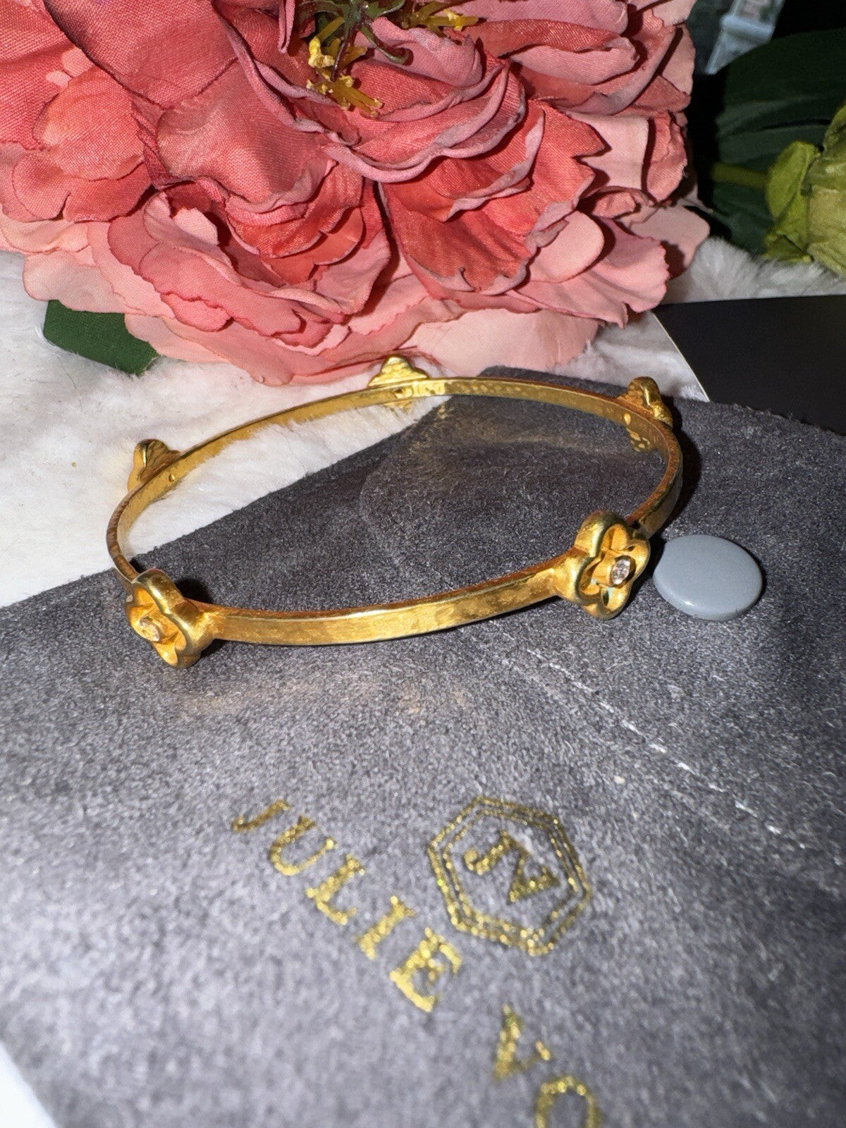 Julie Vos Sz Small Five Station CZ Cross Bangle Bracelet 24k Plated RETIRED Julie Vos