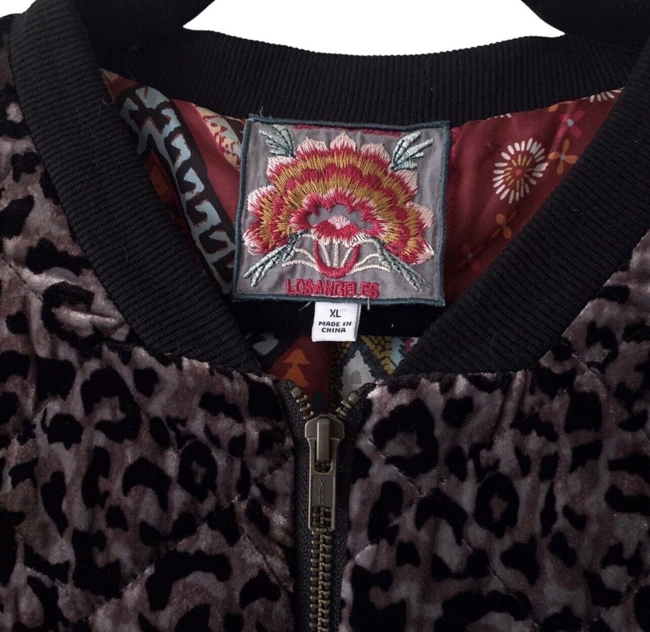 Johnny Was Leopard Velvet Quilted Bomber Jacket Coat Sz XL Silk Interior