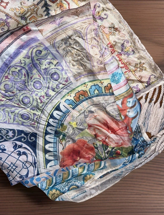 Johnny Was Silk Scarf w/ Tassels & Roses Beautiful Condition Johnny Was