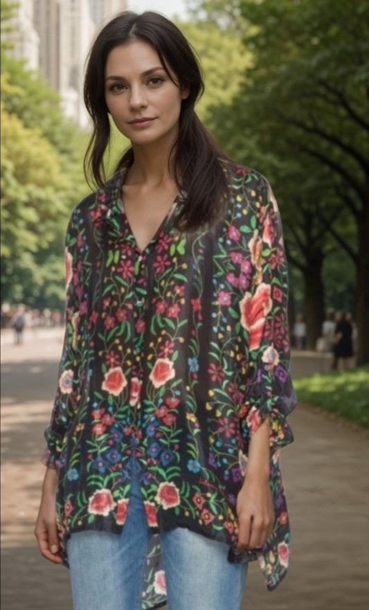 Silk Johnny Was Tunic Top PXXL Petite 100% Silk Soft & Flowy Floral Johnny Was