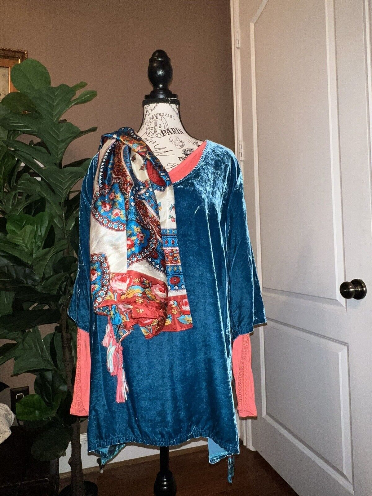 2 pc Johnny Was Teal Blue Velvet & Silk Tunic Top W/ Matching Undershirt L Large