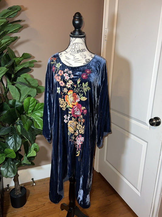 Johnny Was Floral Embroidered Blue Velvet Tunic Top Mini Dress Peacock XL NWO