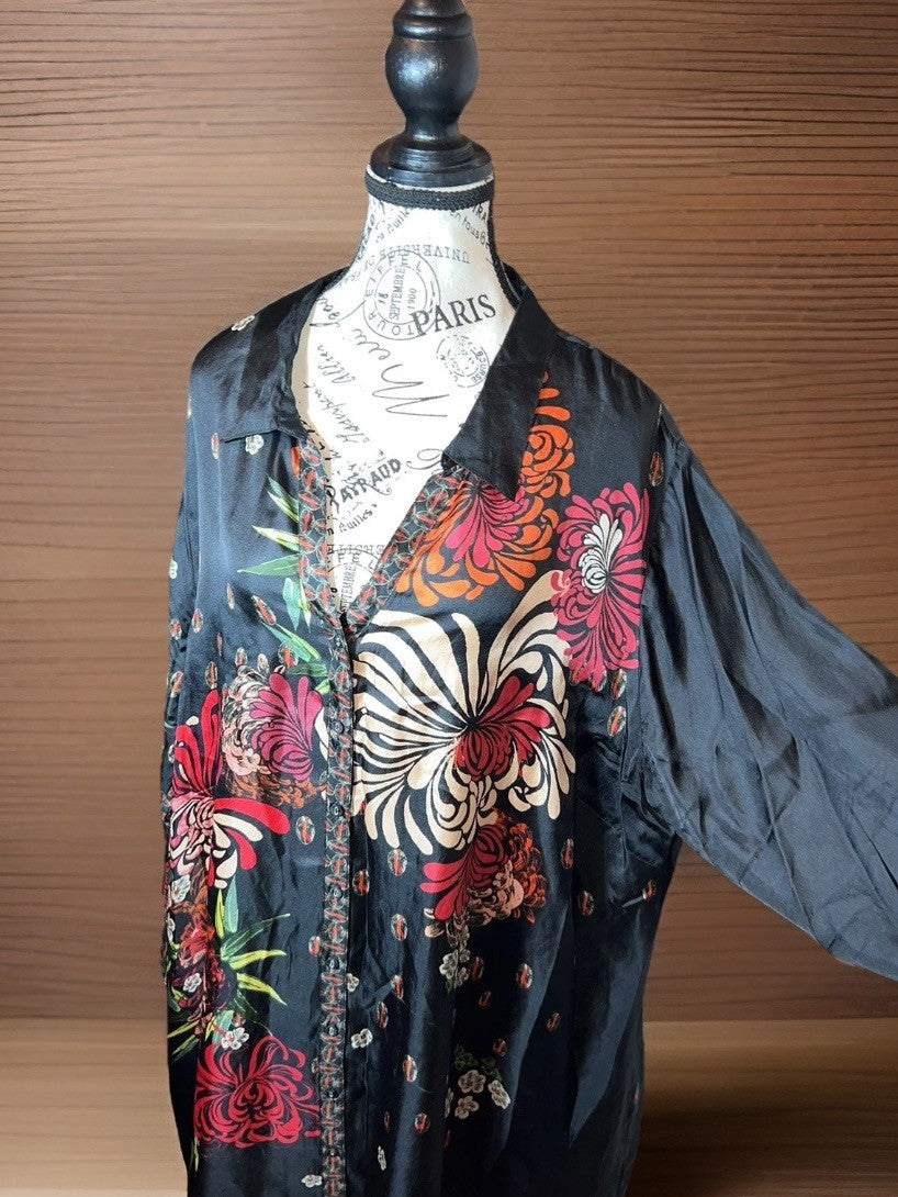 Johnny Was XL 100% Silk Black & Red Floral Blouse Button Up Tunic Top Mini Dress Johnny Was
