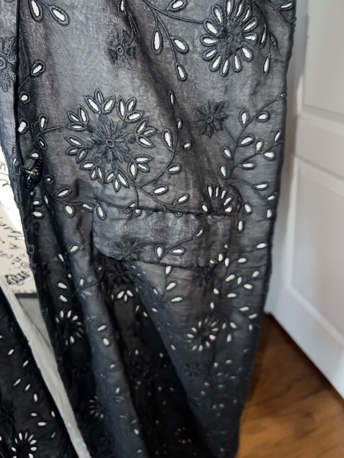 Johnny Was XL 1X Black Eyelet Lace Long Silk Kimono Duster Wrap Coat