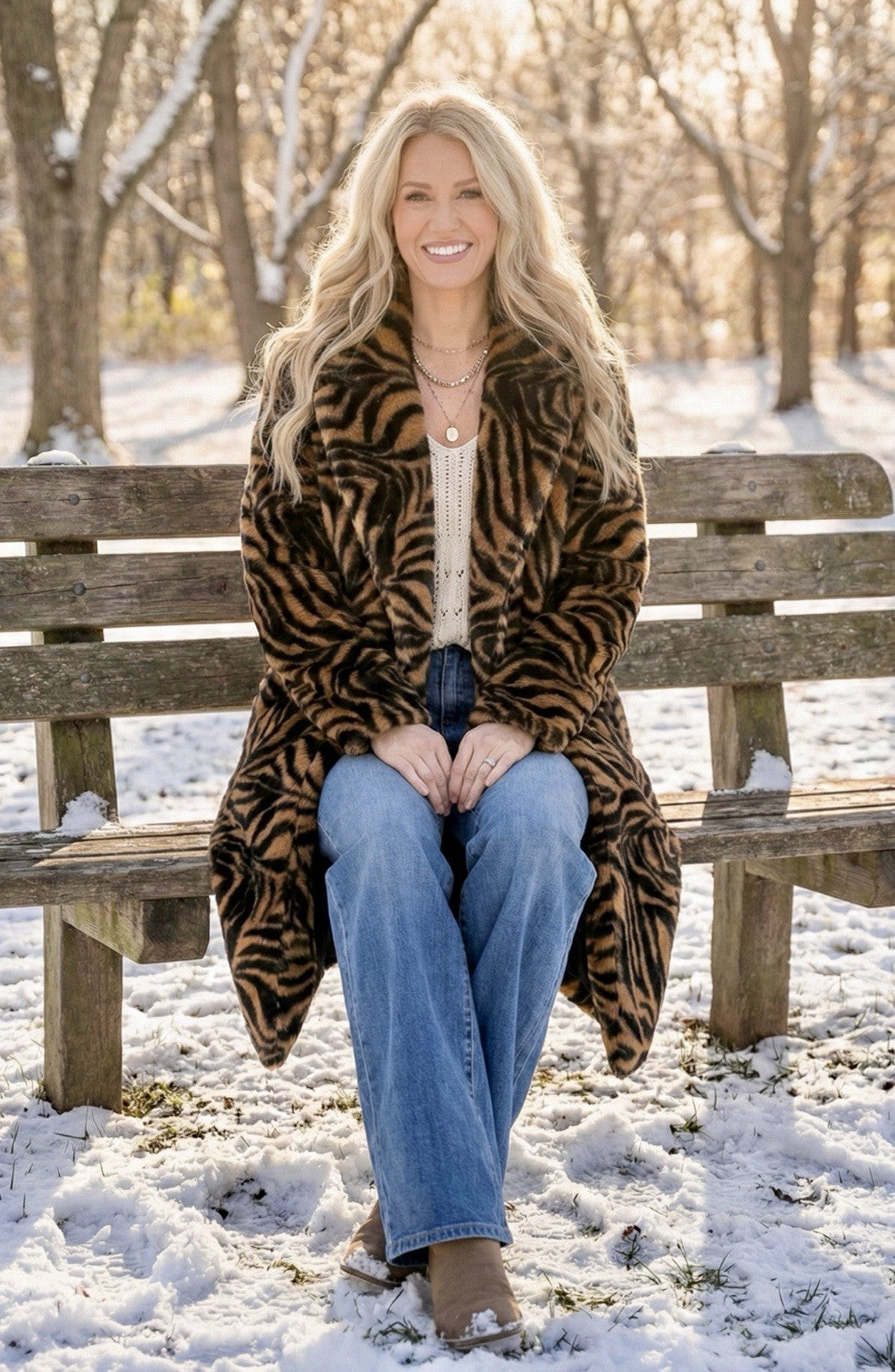 Johnny Was L Large Faux Fur & Silk Tiger Stripe Long Length Coat Jacket Wrap Johnny Was