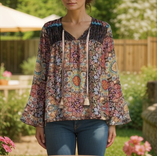 Johnny Was Peasant Top W/Flared Sleeves 100% Silk Sz S Small Boho Chic