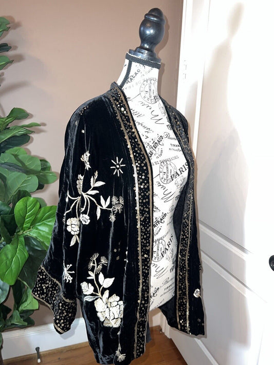 Johnny Was Black & Gold Velvet & Sequins & Silk Lining Kimono 1X 1XL XL