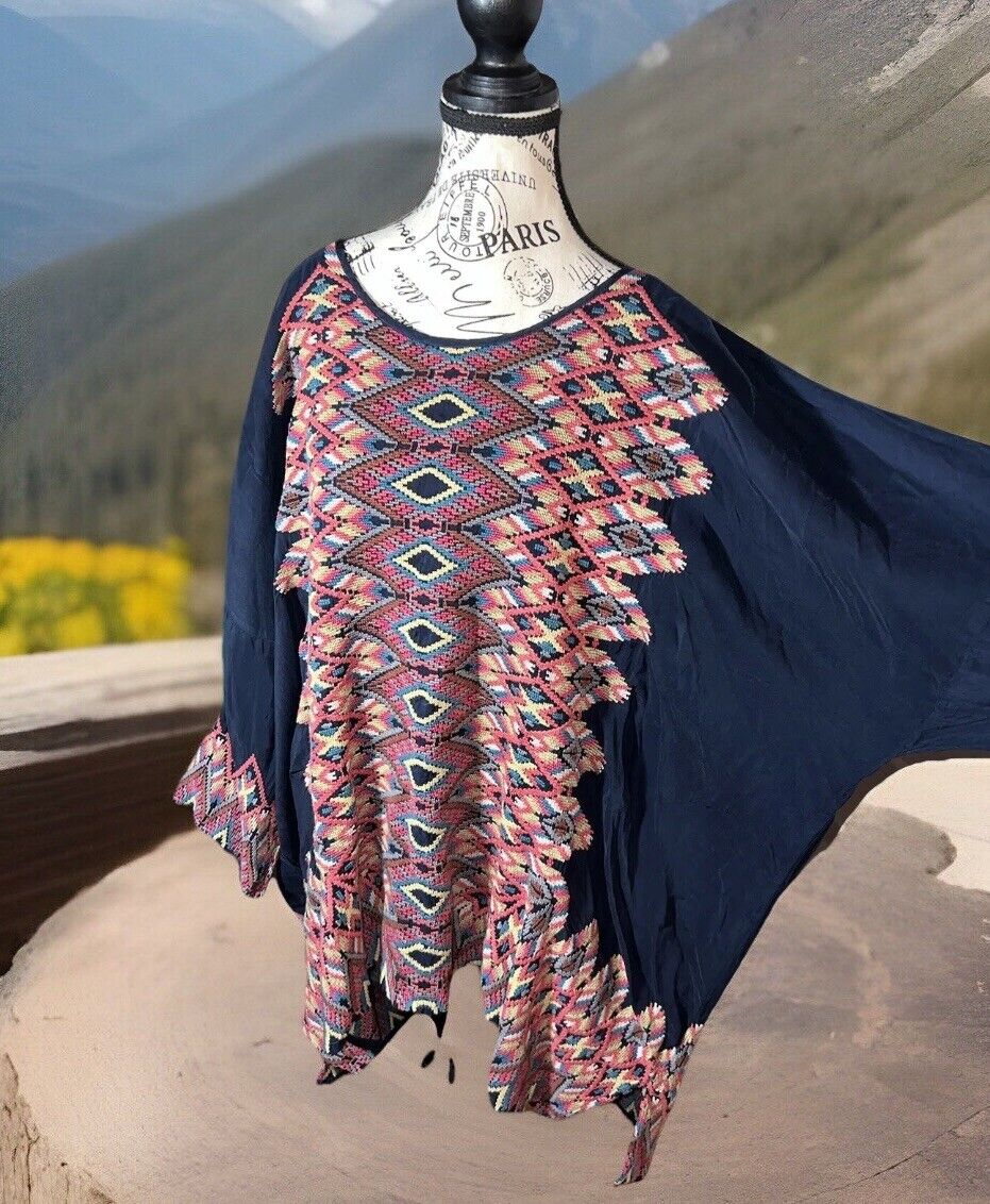 Johnny Was 3XL 3X Dark Blue Tunic Top WOW STUNNING Embroidery Kimono Sleeves