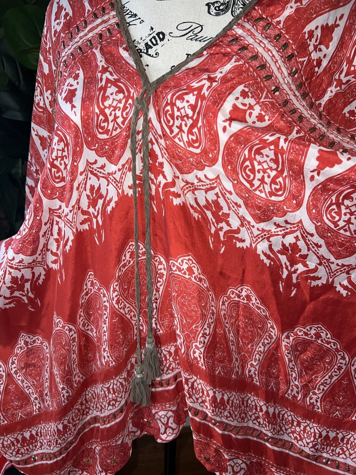 Johnny Was Red O/S 100% Silk Kimono Top Cover Up Leather Tassels & Sequins