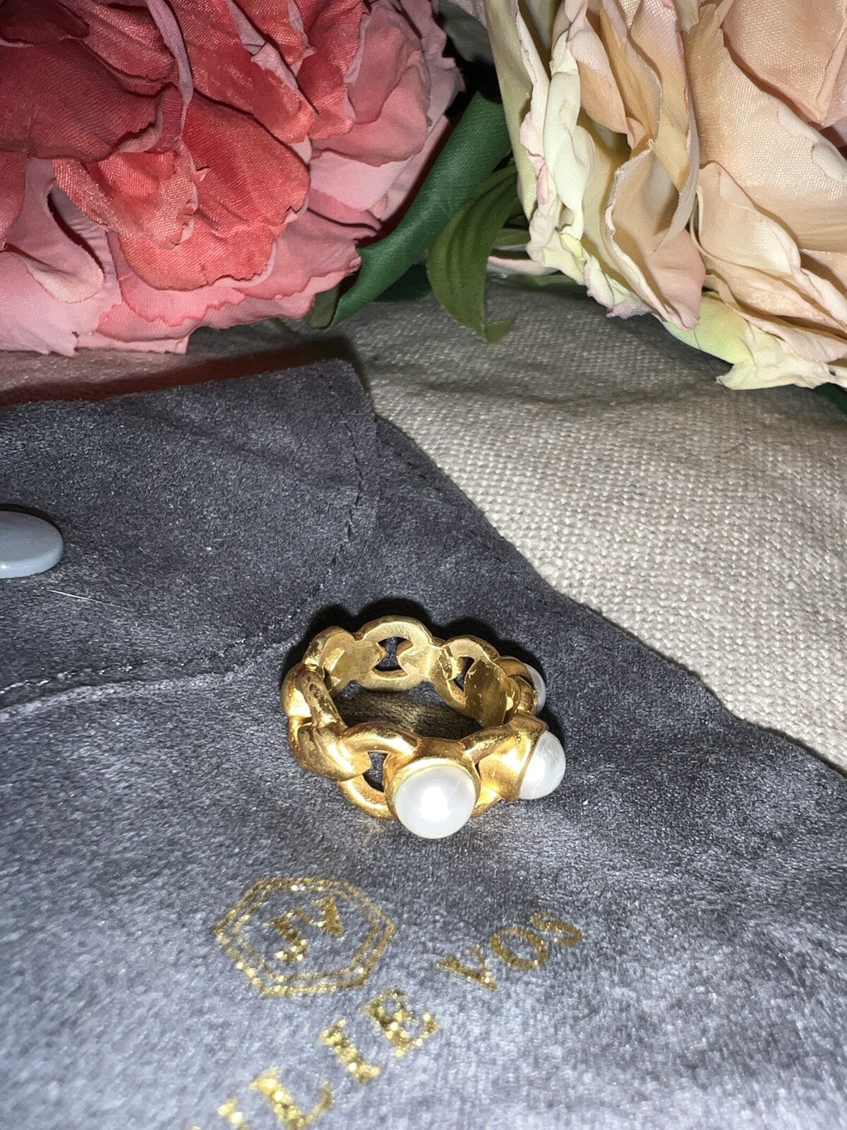 Julie Vos 3 Pearl Ring 24k Gold Plate Sz 7 Beautiful Julie Vos