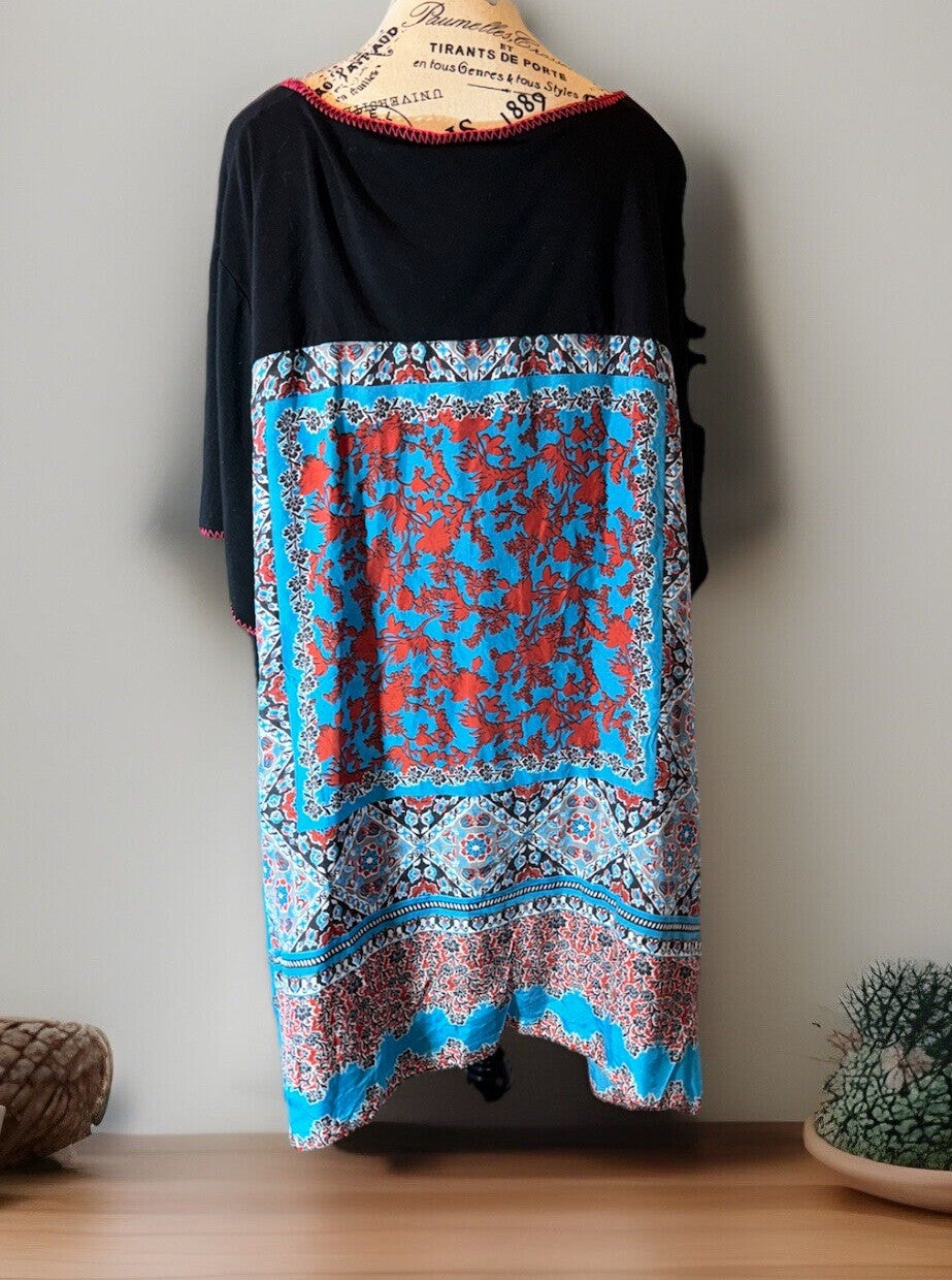 Johnny Was 3x Black Tee Shirt Blue & Red Silk Panel Back Tunic Top Tshirt BOHO Johnny Was