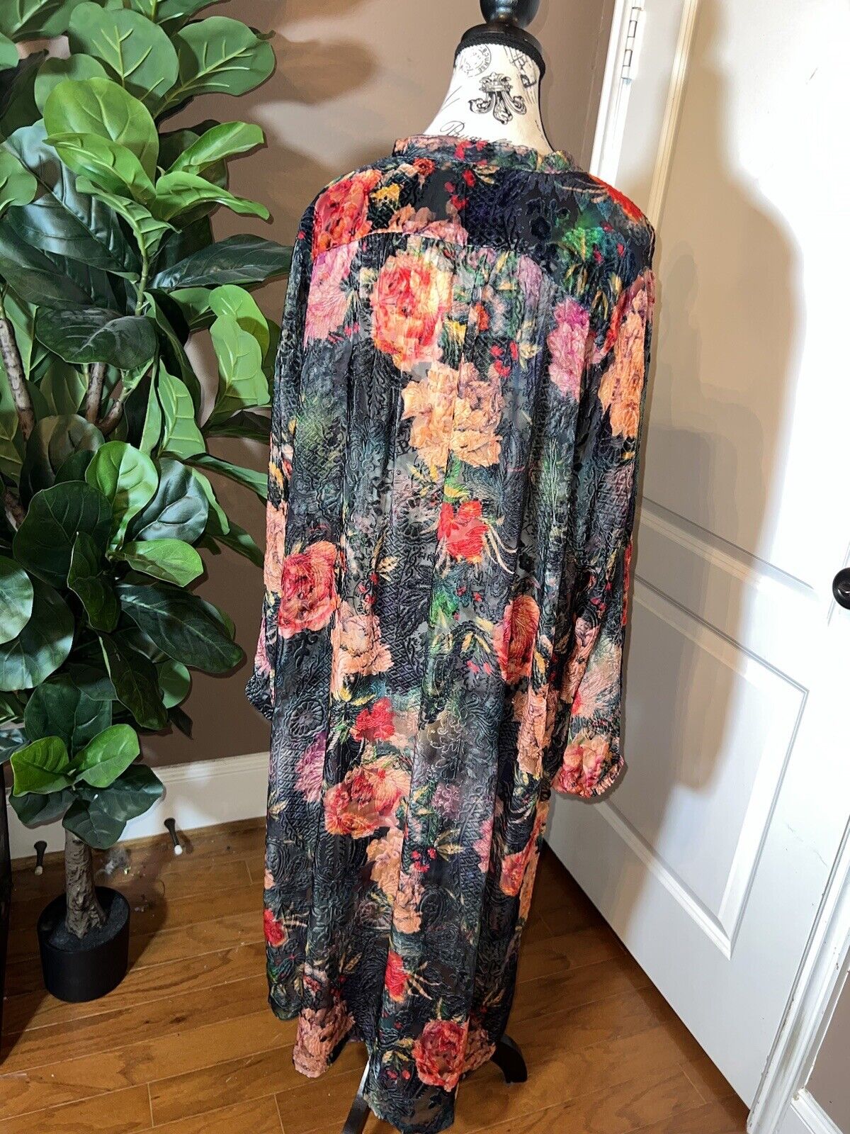 Johnny Was 1X XL Burnout Velvet Long Dress Kimono Duster Wrap Button Up