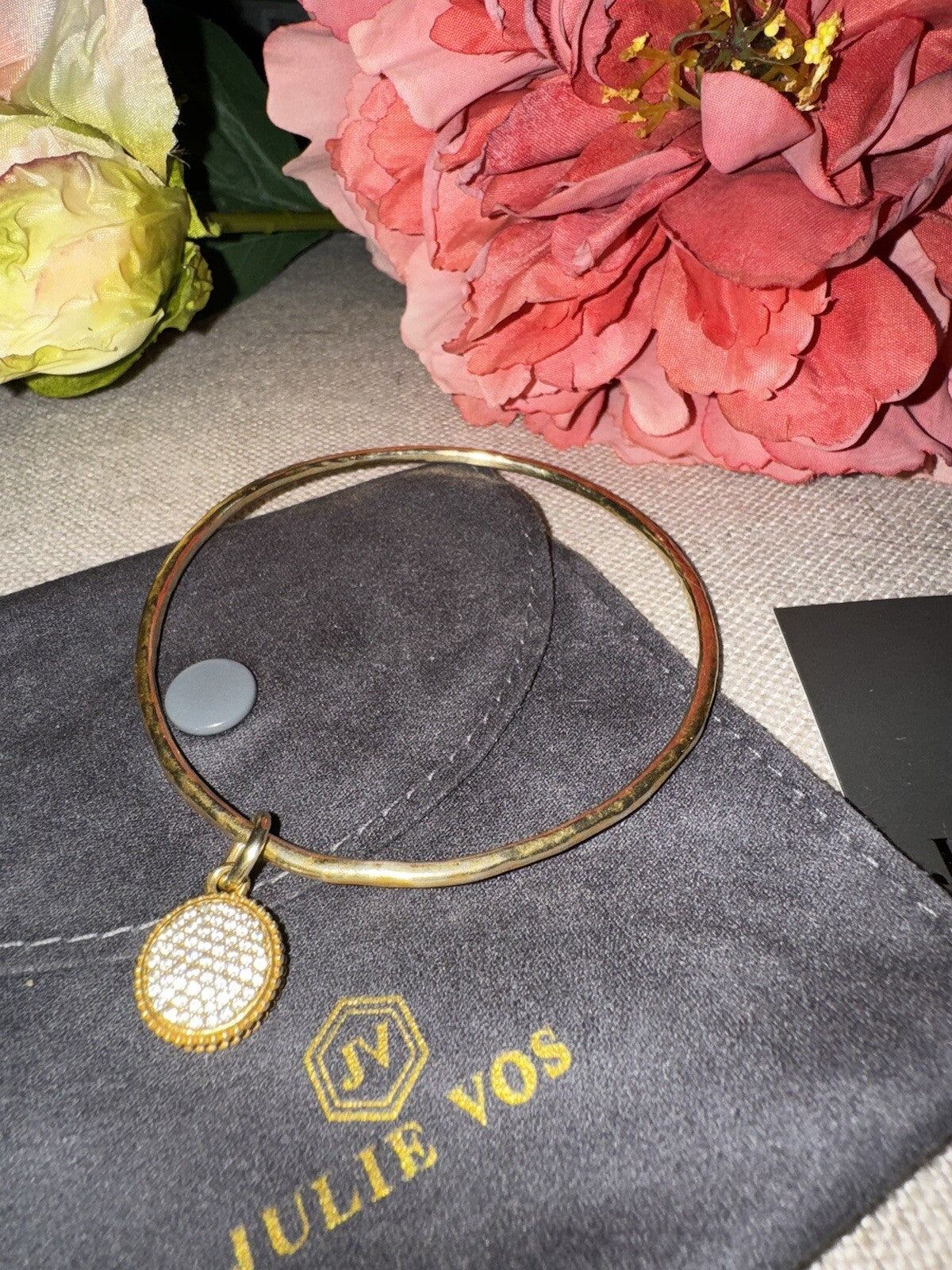 Julie Vos Pave Charm CZ Bangle Bracelet Sz L Large Reversible Fleur de lis Julie Vos