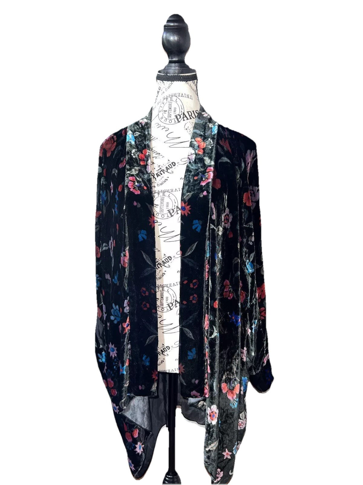 Johnny Was Black & Red Velvet L Kimono Wrap Jacket Duster Bohemian Rose LUX Johnny Was