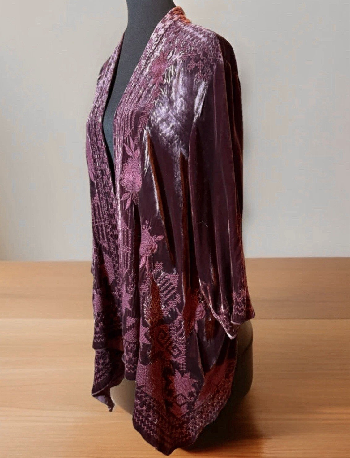 Johnny Was L Wine Red Velvet Kimono Wrap Embroidery Cardigan Lightweight Jacket Johnny Was