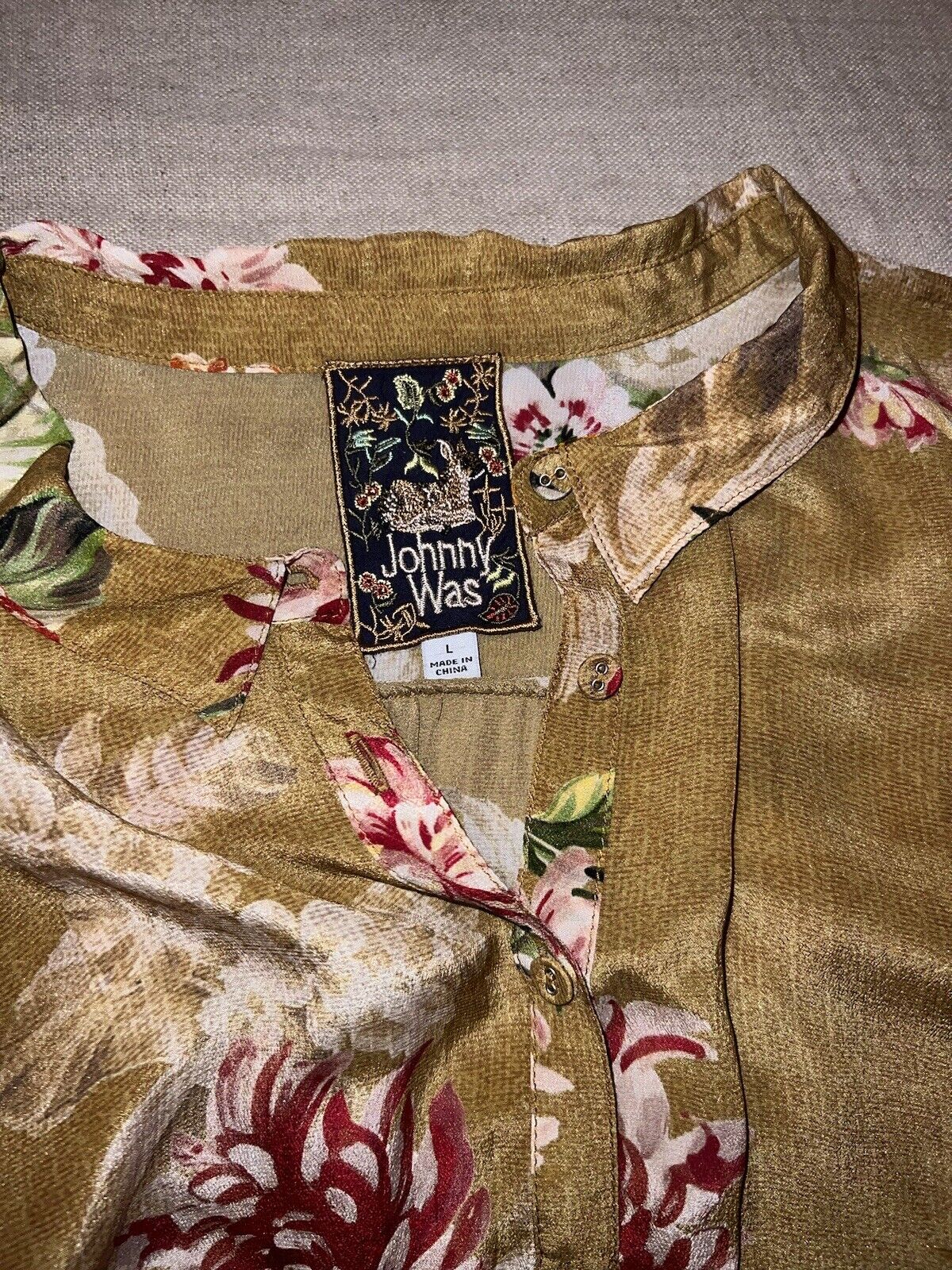 Johnny Was 100% Silk Harvest Gold Floral Button Up Blouse Top L Large