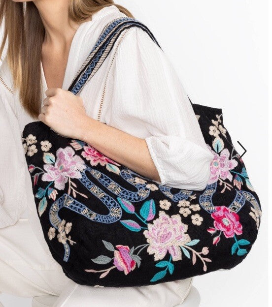 Johnny Was Large Black Embroidered Hobo Bag Tote Purse Crossbody Snakes & Roses Johnny Was