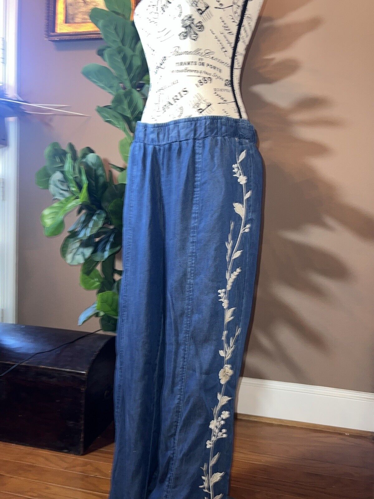 Johnny Was 2pc Set Denim XL Kimono & L Wide Leg Pants Embroidered Crane RARE