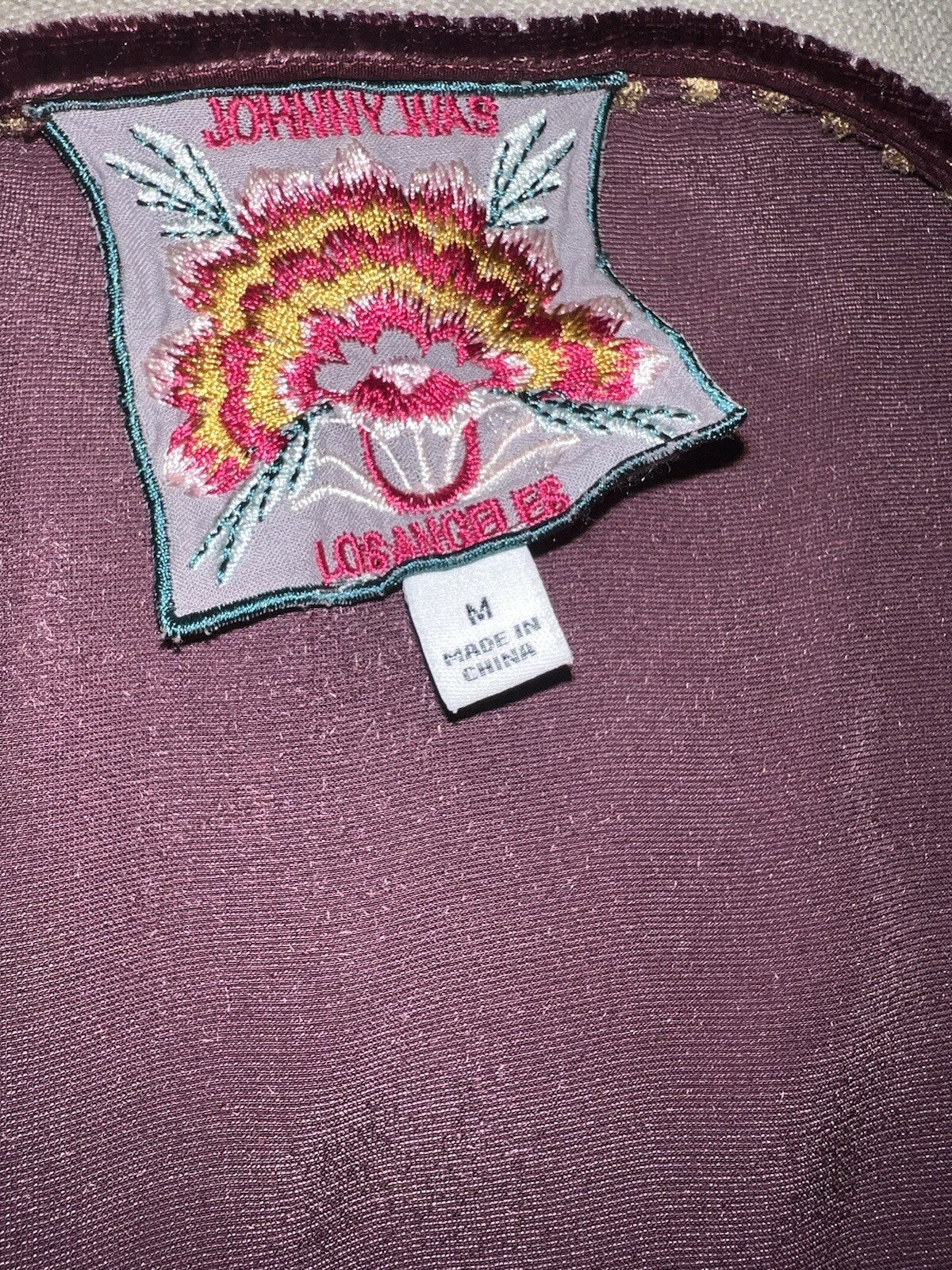 Johnny Was M Medium Purple Velvet Heavily Embroidered Tunic Top Kimono Sleeves Johnny Was