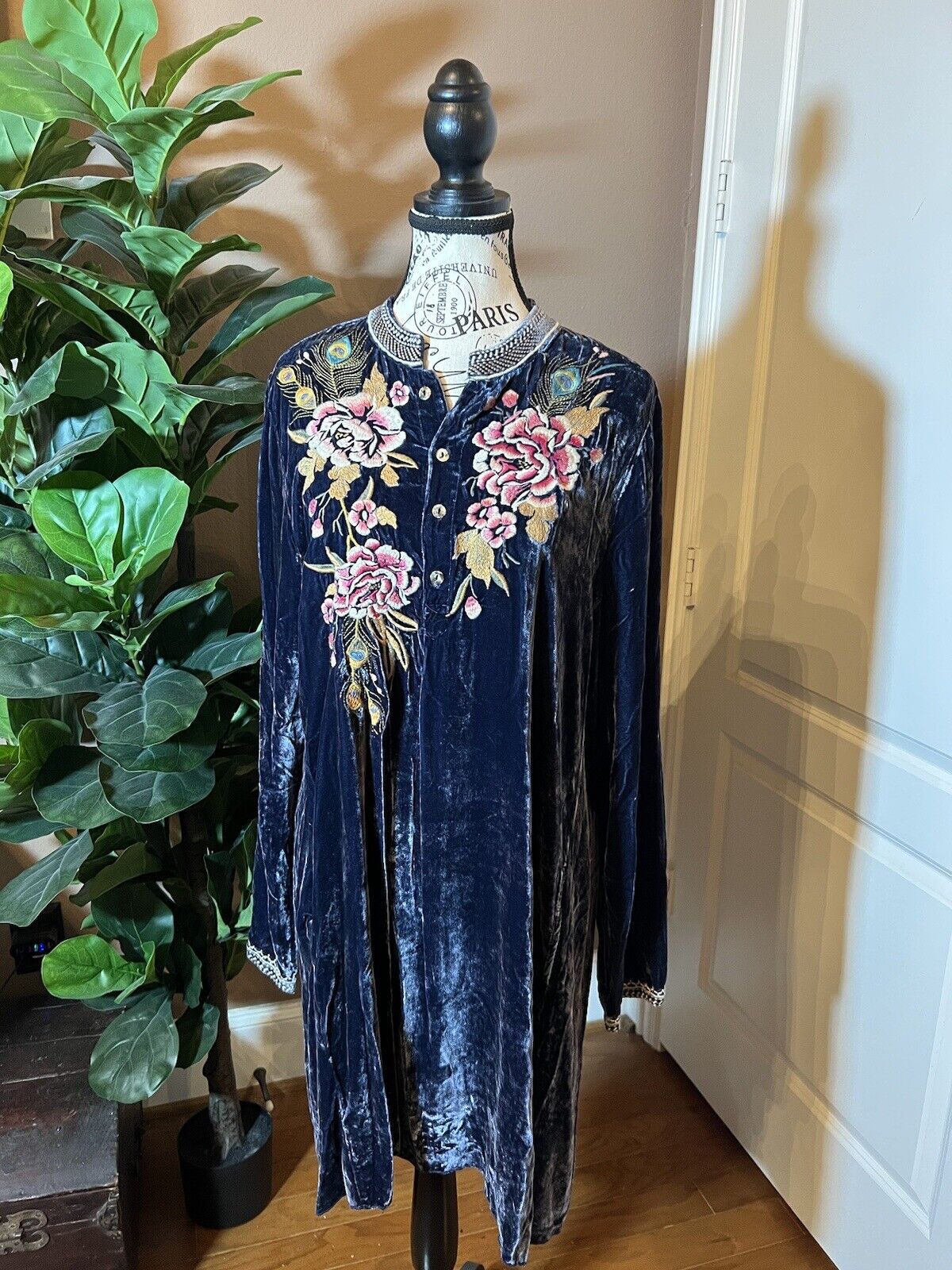 Johnny Was XL 1X Blue Velvet Kimono Mini Dress Peacock Feather Embroidery