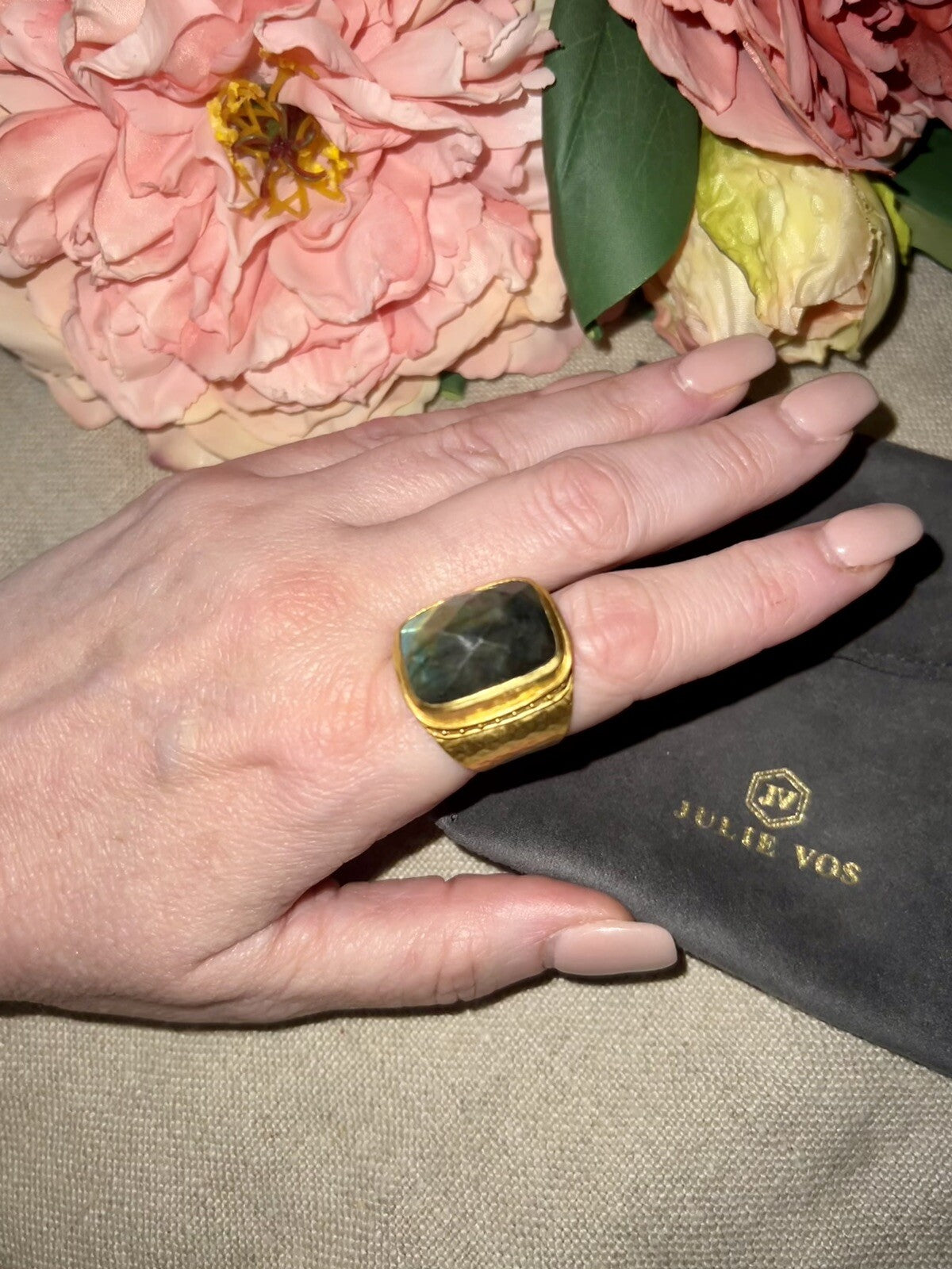 Julie Vos Sz 9 Cuff Ring ADJUSTABLE Real Labradorite & 24k Gold Plated Julie Vos