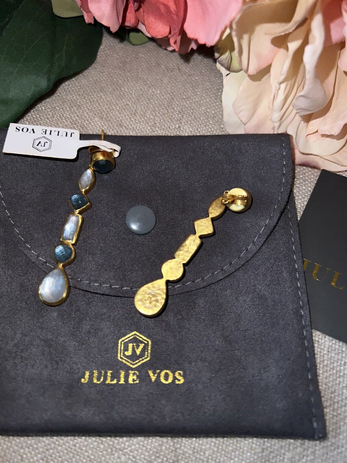 NEW Julie Vos Blue Statement Earrings VERY RARE 24k Gold Plate NWT $275 Retired