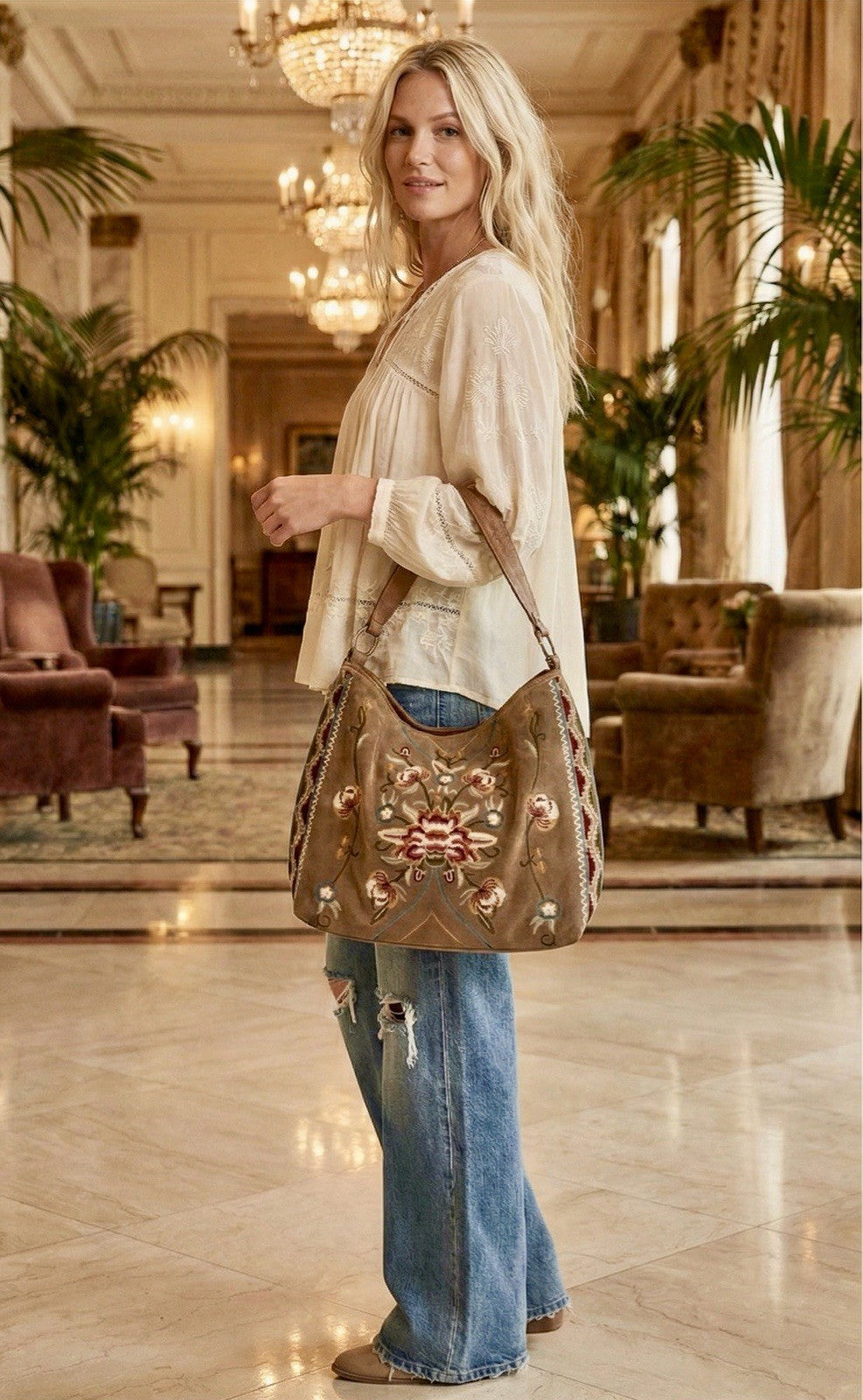 Johnny Was Brown Suede & Leather Bag Purse Tote Hobo Embroidered   *READ* Johnny Was