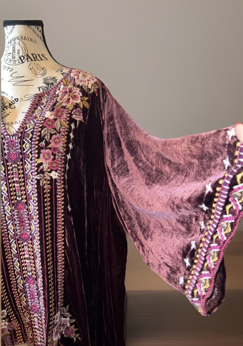 Johnny Was XL Wine Velvet Peasant Blouse Embroidered Tunic Top Kimono Sleeve Johnny Was