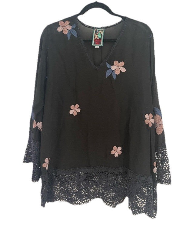 Johnny Was L Black Peasant Blouse Tunic Top Embroidered Lightweight Cool BOHO Johnny Was
