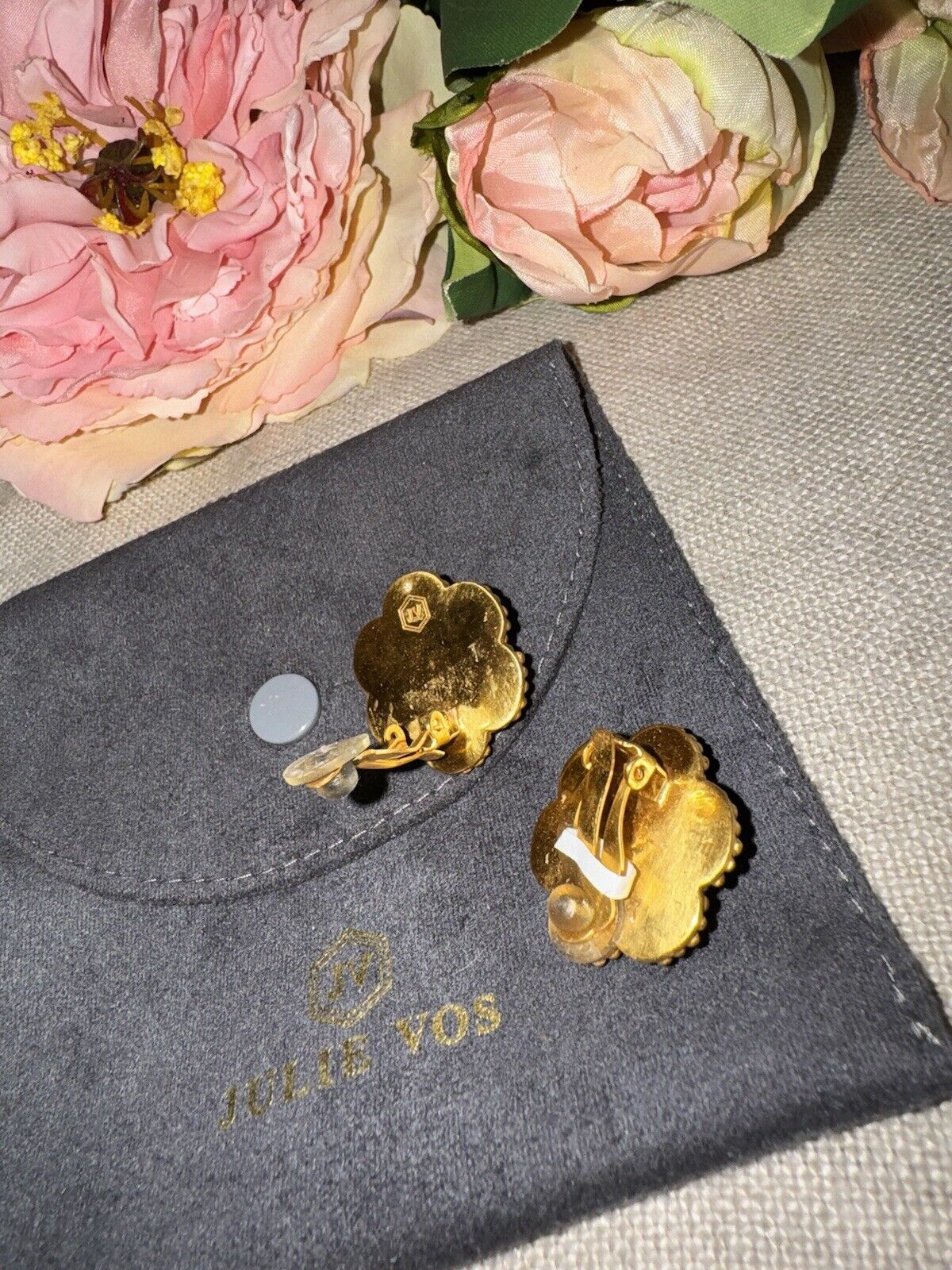 Julie Vos Pacific Blue 24k Gold Plate Flower Clip On Statement Earrings