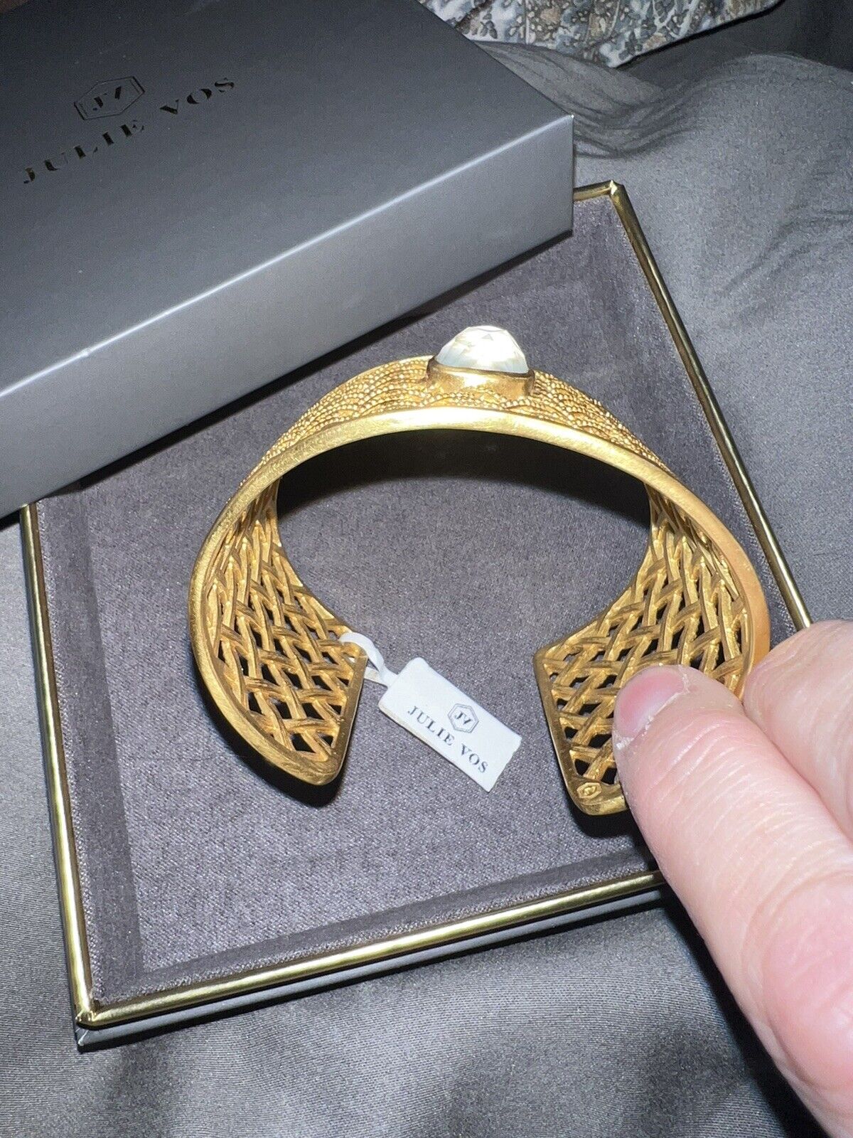 Julie Vos Basketweave Cuff Bracelet 24k Gold Plated Iridescent White Stone