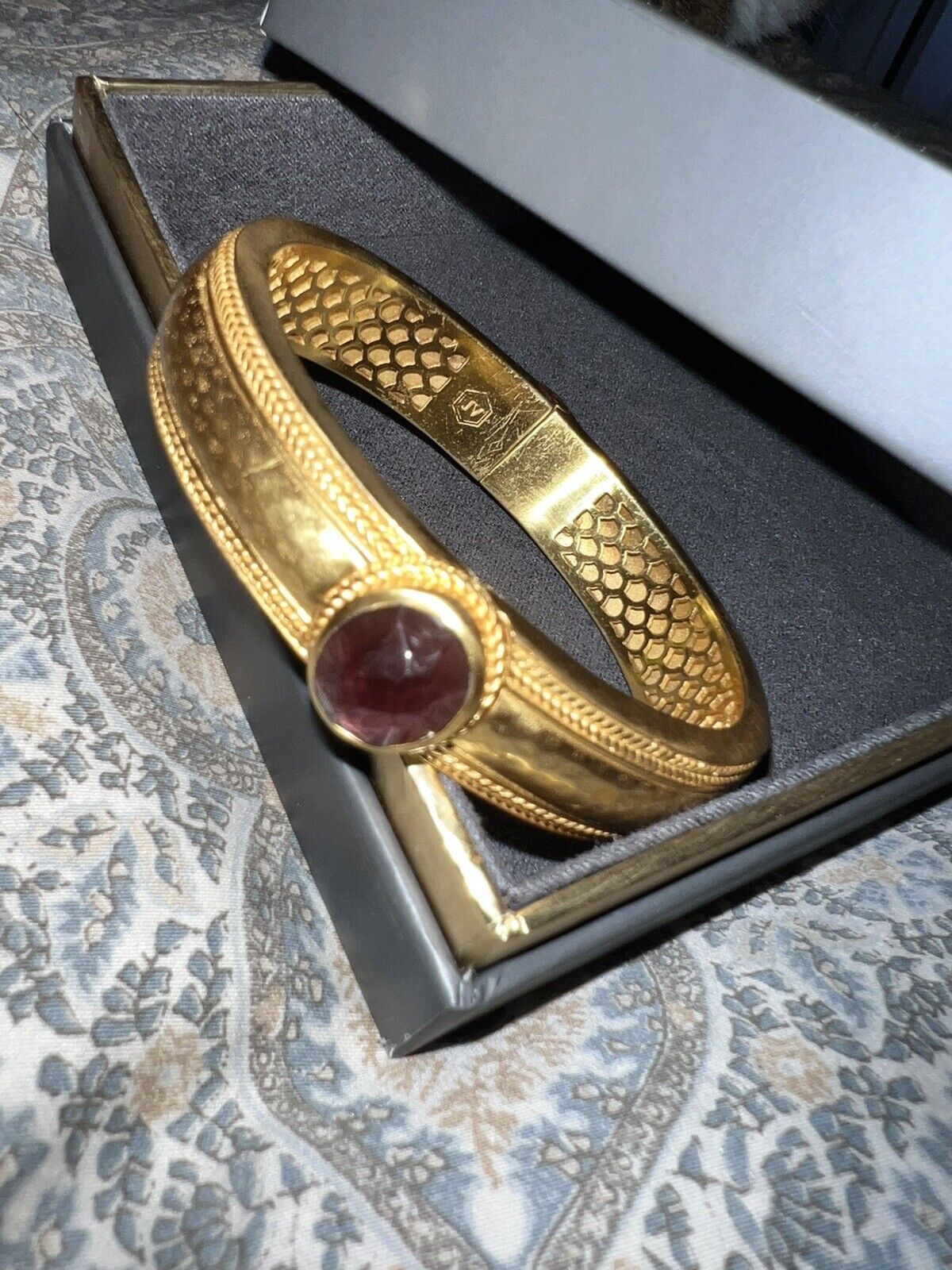 Julie Vos Hinged Bangle Bracelet Wine Colored Glass 24k Gold Plated Classic