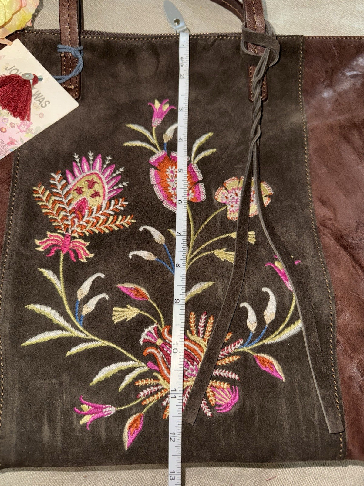 Johnny Was Dark Chocolate Brown Leather & Suede Bag Purse Tote Hobo Tassels Johnny Was