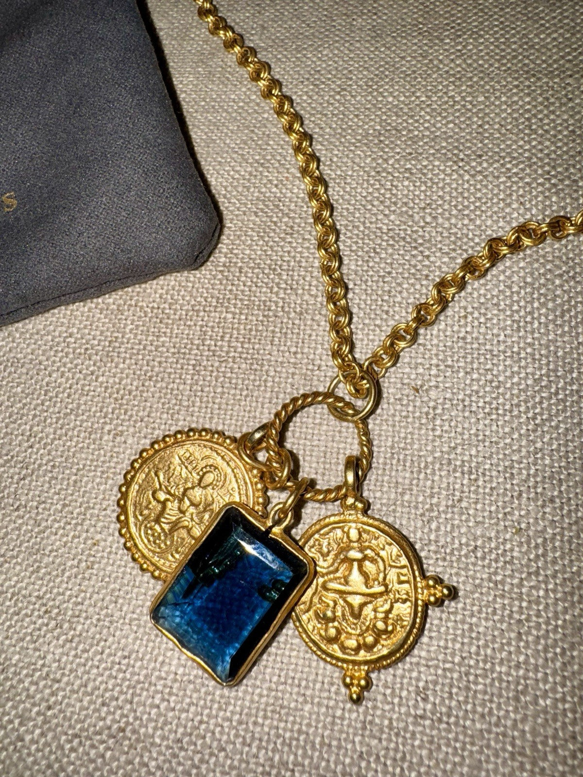 Julie Vos Necklace Sapphire Blue Glass & Gold Coin Pendant 24k Plated RETIRED Julie Vos