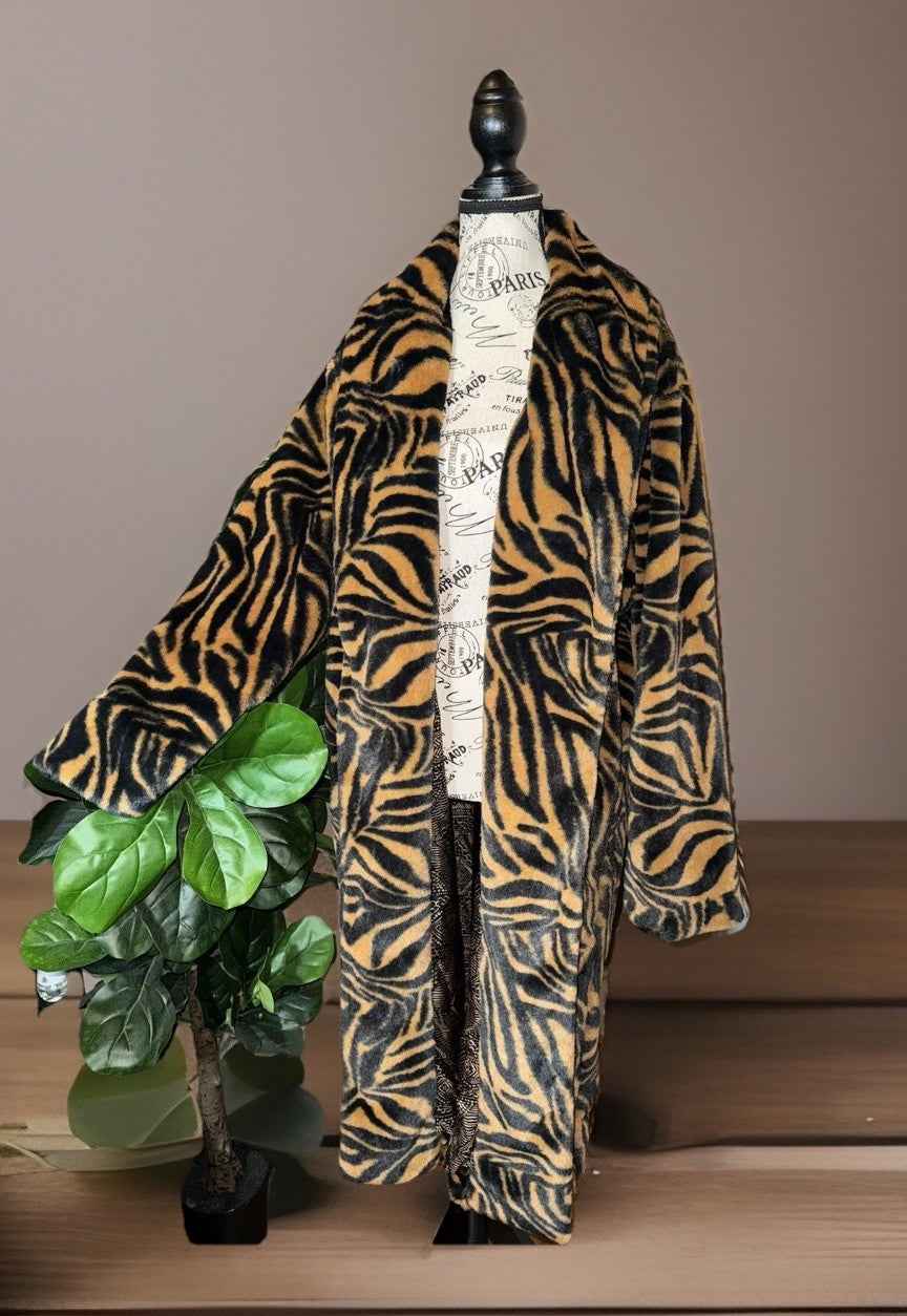 Johnny Was L Large Faux Fur & Silk Tiger Stripe Long Length Coat Jacket Wrap Johnny Was