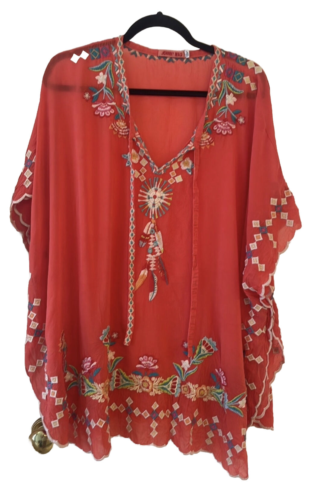 Johnny Was Red Embroidered Silky Tunic Top VERY OVERSIZED 32” PTP Poncho