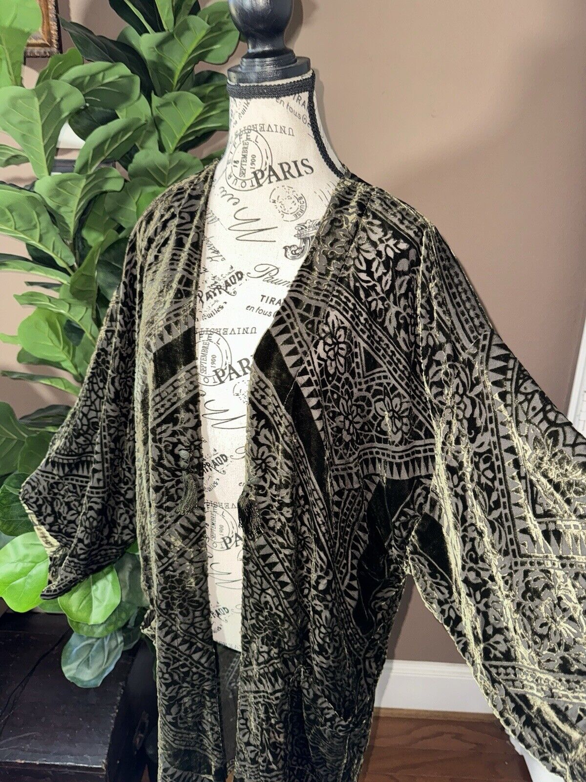 Johnny Was XL Deep Green Burnout Velvet Long Kimono Duster Wrap Jacket