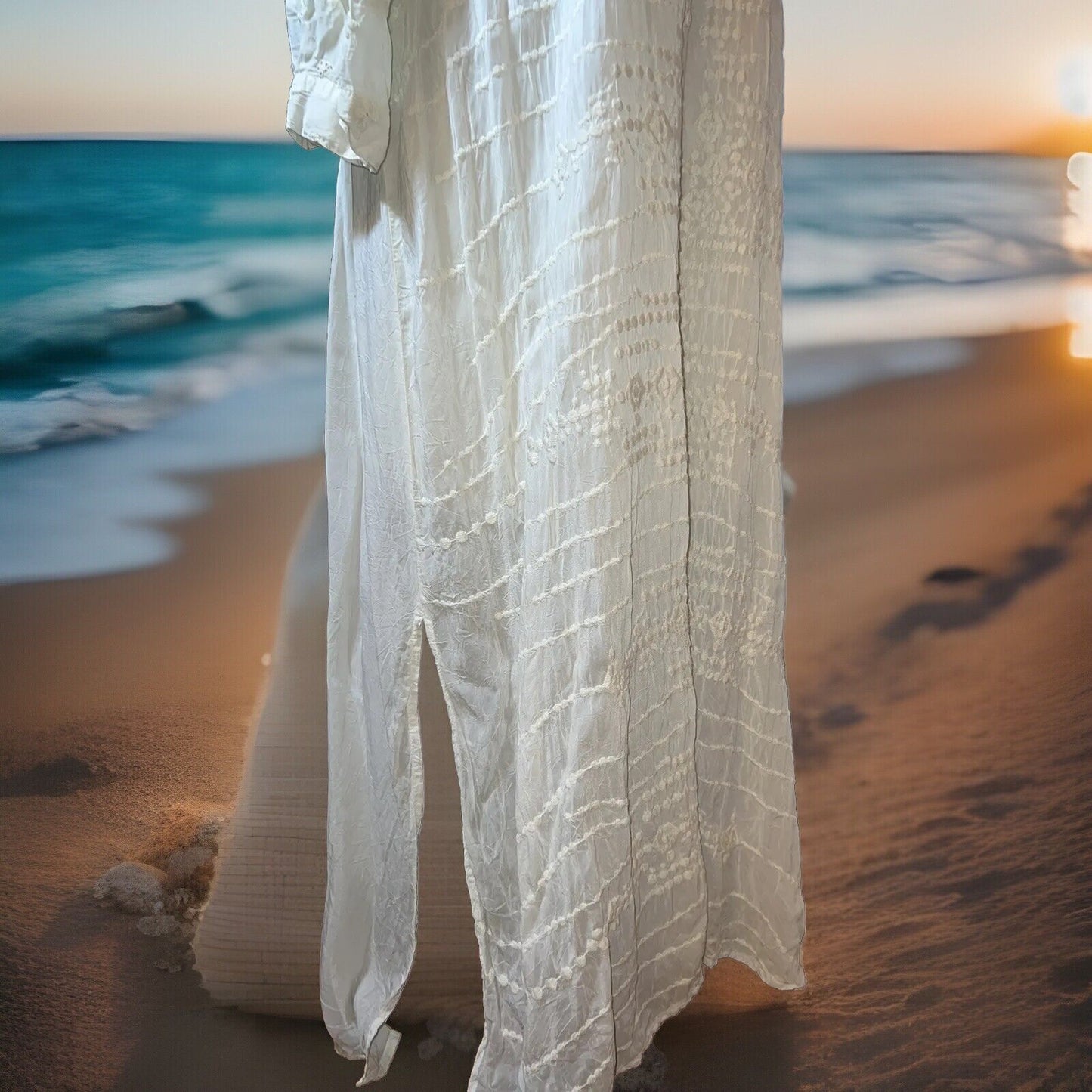Johnny Was 2X Ivory Maxi Dress Silky Embroidery & Lace Kimono BOHO Beach Wedding Johnny Was