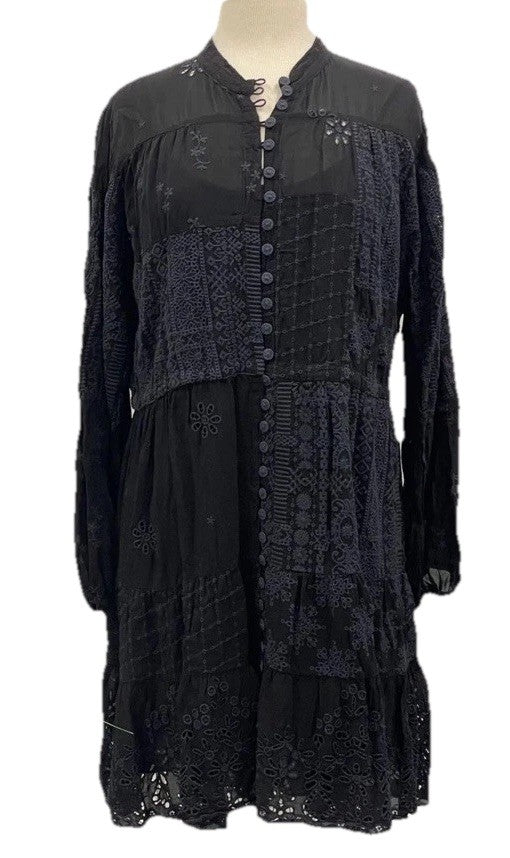 Johnny Was XXL Black Eyelet Lace Mini Dress & Slip Drawstring Waist $560 Ret Johnny Was